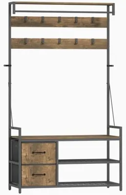 Produktbild von Braun Schwarz 100 x 40 x 180 cm Garderobe Mit Sitzbank Schuhregal 10 Haken 2 Schubladen Industrieller Stil Flur Eingang