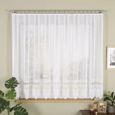 A white lace curtain hangs in front of a window, with plants and decorative items on the windowsill.