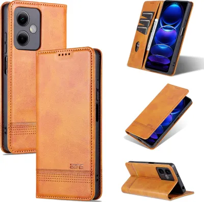 A collage of images showing a brown leather phone case for a Xiaomi Redmi Note 12 5G.