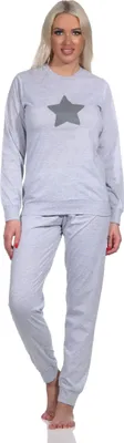 Produktbild von Lässiger Normann Damen langarm Schlafanzug Pyjama mit Bündchen und Stern Motiv ; grau , 40