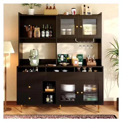 Produktbild von Buffetschrank, 170 cm Küchenschrank, Vitrinenschrank Hochschrank mit 4 Türen, Mehrzweckschrank für Küche, Wohnzimmer und Esszimmer, Schwarz/145 x 39 x 171 cm