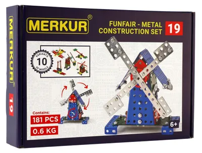 Immagine prodotto di Kit di montaggio MERKUR 019, "Mulino", 10 modelli, 182 pezzi, confezione da 26x18x5 cm