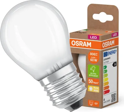 Obrázok produktu pre LED žiarovka OSRAM Energy Class v klasickom tvare minikule, 3,8 W / 806 lm, EEK A, teplé biele svetlo (2700 K), CRI 80, z matného bezolovnatého skla, pätica E27, IP20, priemer 45 mm.