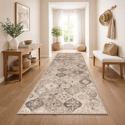 Immagine prodotto di Tappeto da salotto vintage boho moderno a pelo corto lavabile antiscivolo beige taupe dimensioni 80x300 cm