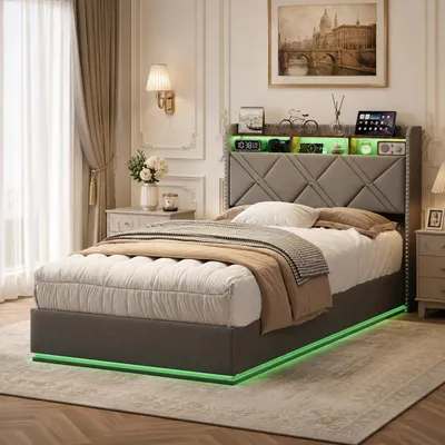 Imagen del producto de INONEFT: Cama tapizada de 90x200 con LED y USB, cama con somier y baúl hidráulico, cama juvenil con estantería abierta y espacio de almacenamiento oculto, Imagen generada por IA