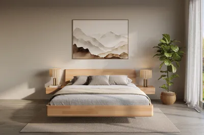 Produktbild von Schwebebett aus massivem Buchenholz Visby LENA mit Nachttischen, 160x200 cm, Farbe Natur