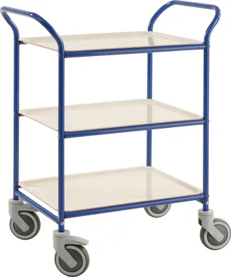 Produktbild von Kongamek Tablettwagen 770x495x960mm blau pulverbeschichtet mit Bremse und 3 Tabletts in weiß