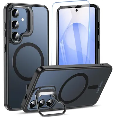 Image de Coque de protection pour Samsung Galaxy S25/S24, avec anneau MagSafe, support intégré et film protecteur d'écran, couleur noire
