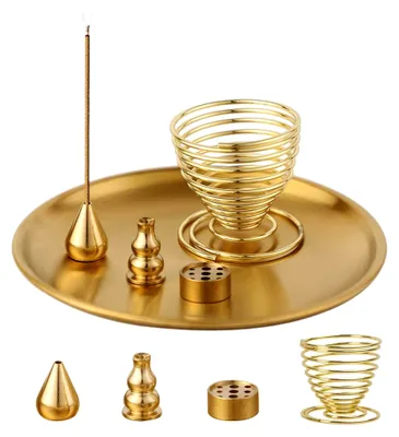Produktbild von 5-in-1 Weihrauchhalter für Stäbchen, Messing Räucherstäbchen Halter, Aschefänger für Weihrauch, Zen Garten Brass Incense Sticks Holder Set, Weihrauchbrenner für Meditation und Yoga