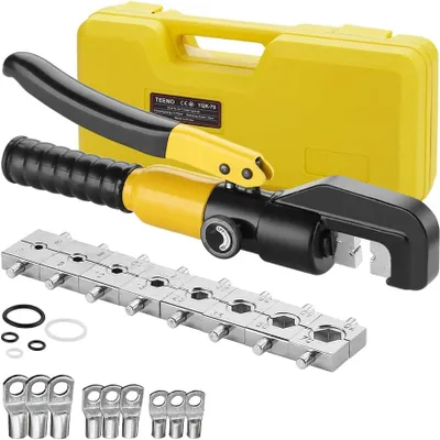 Zdjęcie produktu dla TEENO Hydrauliczne szczypce do zaciskania, z 9 sześciokątnymi matrycami 12 mm, skokiem 10T i 9 końcówkami kablowymi, 4–70 mm² miedziane i aluminiowe końcówki kablowe Narzędzie do zaciskania