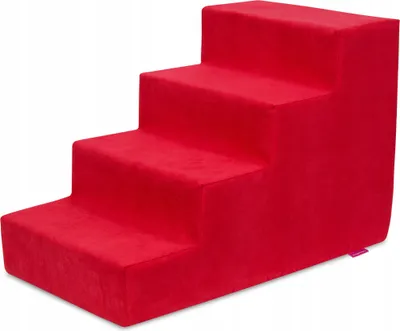 Zdjęcie produktu dla Schodki dla małego pieska 4 stopnie - NUBUK czerwony. Schodki dla małych zwierząt pomocne w wchodzeniu. Tkanina NUBUK. Wymiary 60x45x30cm