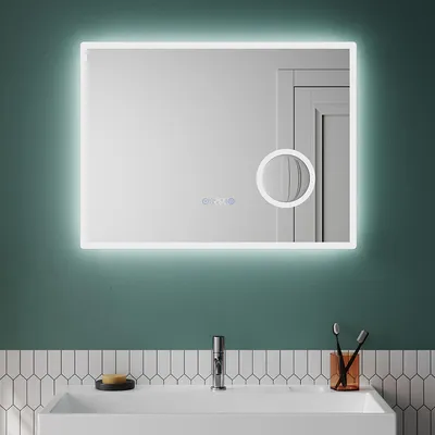 Image de Miroir de salle de bain SONNI avec éclairage LED, 100 x 60 cm, grossissement 3x, luminosité réglable par effleurement, anti-buée, horloge et thermomètre
