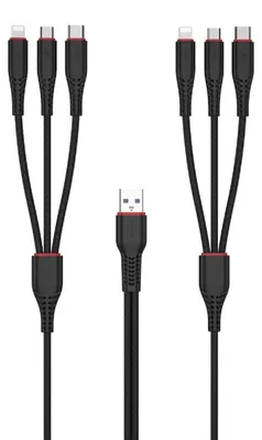 Productafbeelding van XO Kabel NB196 6-in-1 USB - 2x Lightning + USB-C + microUSB, 1,2 meter, 3,5A / 2 meter, 2,5A, zwart