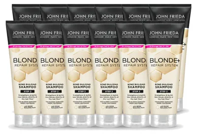 Imagen del producto de 12 champús John Frieda Blonde+ Repair, fortalecedores del cabello, de 250 ml cada uno. Paquete económico con 12 unidades