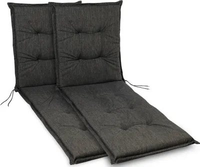 Two dark gray tufted lounge chair cushions are shown side-by-side on a white background.