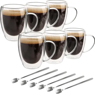 Produktbild von Belle Vous 6er Pack Doppelwandige Kaffeegläser aus Glas - 350 ml Thermogläser Doppelwandig Isoliert mit Griffen - Borosilikatglas Kaffee Tassen für
