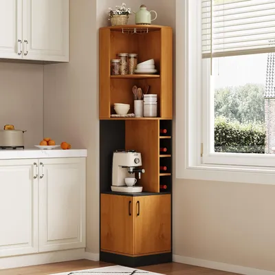 Produktbild von okwish Natur Eckschrank mit Weinglasregal und offenen Fächern, Küchenschrank mit zwei Türen, Hochschrank für Esszimmer und Küche