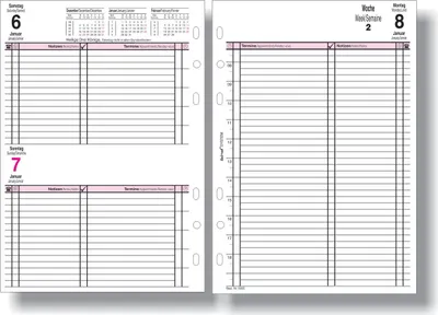 A spread of a planner with daily pages for January 6th and 7th on the left, and a weekly spread for week 8 on the right.