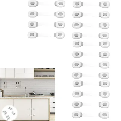 Produktbild von 16pcs Kindersicherung, längenverstellbar, für Schubladen und Schränke, Kunststoff, Weiß, ca. 19 x 3.3 x 1.3 cm, mit 3M Kleber