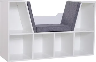 Image de HOMCOM Bibliothèque Banc 2 en 1 Design Contemporain 6 casiers 3 Coussins fournis 102L x 30l x 61H cm Blanc Gris chiné
