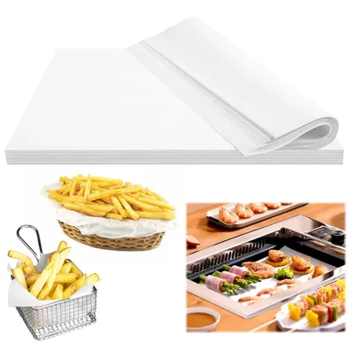Produktbild von 100 Blatt fettdichtes Papier für Lebensmittel, zugeschnittenes Pergamentpapier 35 x 24,7 cm, wasser- und ölbeständiges Käsepapier, Blätter Feinkostpapier, weißes Backpapier für Hamburger, Pizza, Sandwiches, Pommes frites