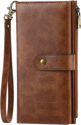 Produktbild von Große Damen-Geldbörse Langformat Leder mit RFID Schutz, 16 Kartenfächer, Reißverschlussfach, Handschlaufe, Vintage Portemonnaie für Frauen