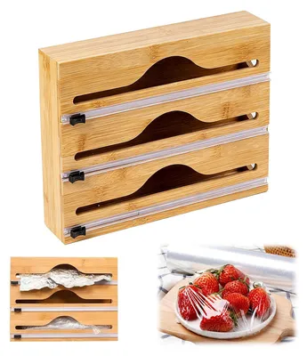 3-in-1 Folienabroller aus Bambus, Schneidegerät, 3 Fächer