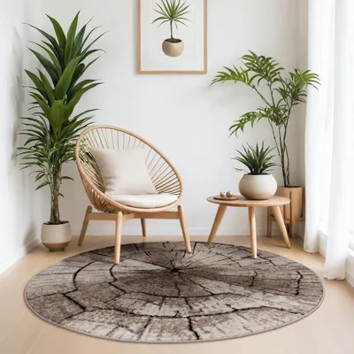 A circular rug with a wood grain pattern is placed on a wooden floor in a room with plants and a chair.