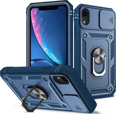 Produktbild von iPhone XR Hülle, Schiebe Kamera Schutz Robust Stoßfest Schutzhülle mit Ringhalterung Ständer Kartenhalter für iPhone XR Blau