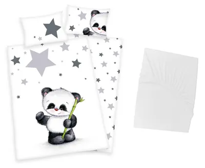 Produktbild von 3 tlg Baby Bettwäsche Set - Panda - Renforcé - 40x60 100x135 cm + 1 Spannbettlaken weiß 60x120 - 70x140 cm