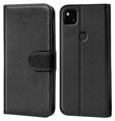 A black flip case for a Google Pixel 4a phone is shown from the front and back.