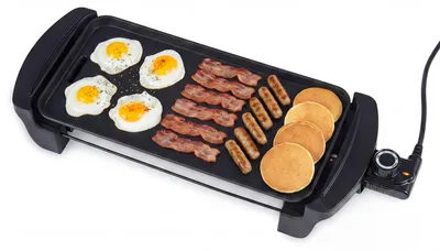 Produktbild von Elektrischer Tischgrill, Grillplatte mit antihaftbeschichteter Oberfläche & integriertem Thermostat, kompakter Plattengrill mit spülmaschinenfester Auffangschale für drinnen & draußen, 1400-1600W