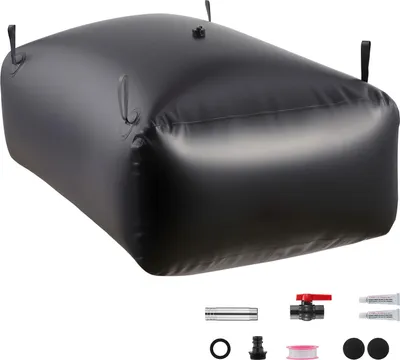 A black, soft water storage bladder is shown with various accessories laid out below it.