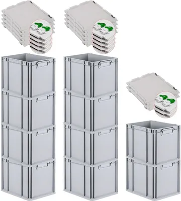 Produktbild von SuperSparSet 10x Eurobox NextGen Grip mit Scharnierdeckel und grünen Schiebeschnappverschlüssen | HxBxT 32x30x40cm | 30 Liter | Grau | Griffe geschlossen | Glatter Boden | Eurobehälter, Transportbox, Transportbehälter, Stapelbehälter