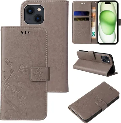 Produktbild von Handyhülle für Apple iPhone 15 Floral Blumen Schmetterling Flip Cover Hülle Case Klapphülle Handytasche Farbe: Grau