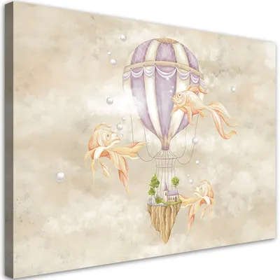 Produktbild von Leinwandbild Heißluftballon, fliegendes Haus und Fisch 90x60 Feeby Beige bild für die wand bereit zum aufhängen