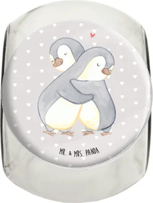 Produktbild von Mr. & Mrs. Panda Bonboniere Pinguine Kuscheln XL 2000ml - Grau Pastell - Geschenk, Hochzeitstag, Jahrestag, Valentinstag, Vorratsbehälter, für Frauen, Süßigkeiten Glas