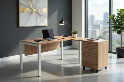 Image de Bureau moderne aspect bois, table stable en métal