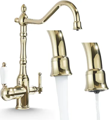 Produktbild von 3-Wege Küchenarmatur Retro mit Wasserfilter-Anschluss, Feststehender Auslauf, 360° schwenkbar, Einzelauslauf, Keramikkartusche Gold