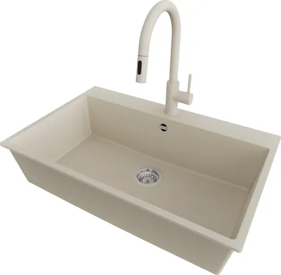 Produktbild von PRIMAGRAN Granitspüle Beige 78x50cm, Spülbecken 1 Becken + Küchenarmatur 40x20cm + Ablauf-Set, Küchenspüle ab 80er Unterschrank - Riga