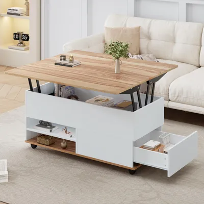 Produktbild von MODFU Wohnzimmertisch Couchtisch mit Schubladen und Schranktüren,Sofatisch Wohnzimmertisch mit verstecktem Stauraum und Ablage,Weiß+Naturholzfarbe