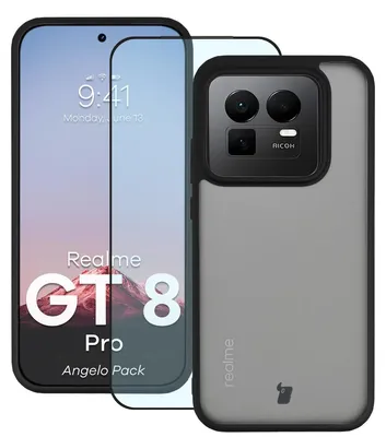 Produktbild von Schutzhülle + gehärtetem Glas Bizon Angelo Pack für Realme GT 8 Pro, Getönte mit schwarzem Rahmen