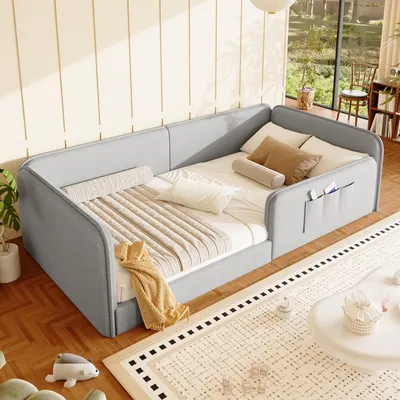 Produktbild von STILVORA Plattformbett 90x200cm mit Leinenbezug und Schaumstoffpolsterung, Kinderbett mit Sicherheitsrahmen, Polsterbett mit weichem Bezug, Grau