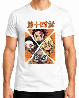 Zdjęcie produktu dla Koszulka męska Kimetsu no Yaiba Tanjiro Nezuko Zenitsu Inosuke Chibi Gift, Biały, XL