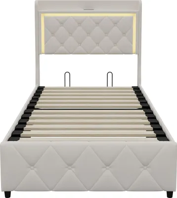 Produktbild von ProximaX Gasdruckbett 90×200 cm mit LED, USB und integriertem Stauraum – Modernes, komfortables Bett für Schlafzimmer oder Gästezimmer, Beige