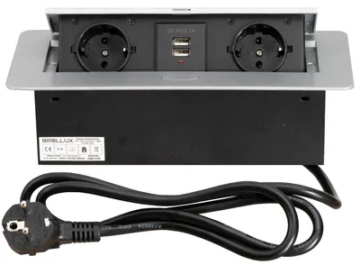 Produktbild von Brollux Einbausteckdose versenkbar 2fach mit USB Silber mit Softöffnung Aluminium Spritzguss mit 1,5m Anschlusskabel Steckdose