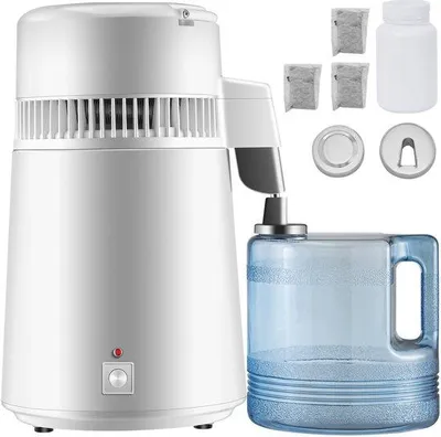 Imagen del producto de Destilador de agua, tanque interior de acero inoxidable de 4 litros, máquina de purificación de agua de 750 W, destilador de agua con filtro y sistema de depósito para oficinas y hogares
