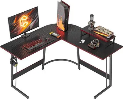Productafbeelding van Famanu L-vormig bureau, 120 x 120 cm, stabiel, met monitorstandaard en lades, zwart
