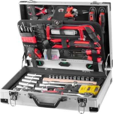 An open tool case filled with various tools.