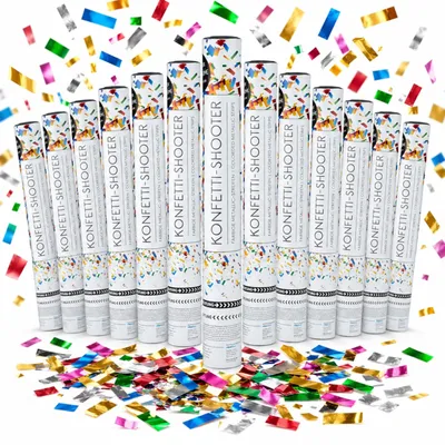 Imagen del producto de Relaxdays, set de 12 petardas para fiestas, con una altura de efecto de 6-8 metros, ideales para celebraciones como Año Nuevo, cumpleaños y bodas. Incluye 40 cm de confeti, papel de aluminio y colores variados, Imagen generada por IA
